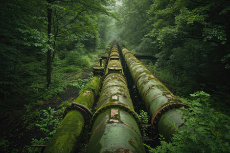 A photo capturing the presence of a massive pipe intersecting a dense forest landscape, Abandoned old industrial pipelines engulfed by nature, AI Generatedの素材