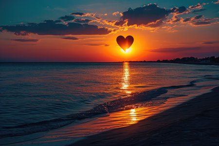 A heart shaped balloon floats gracefully above the oceans surface during a beautiful sunset, A sunset view from a beach, the sun setting in a heart-shaped silhouette, AI Generatedの素材