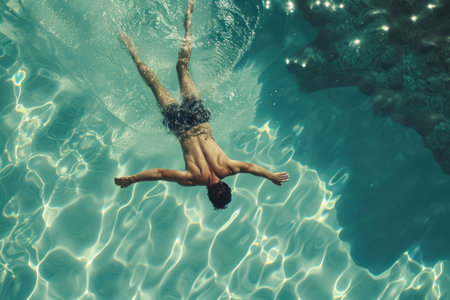 A man confidently swims freestyle in a sparkling blue swimming pool, A swimmer diving into a crystal-clear pool, AI Generatedの素材