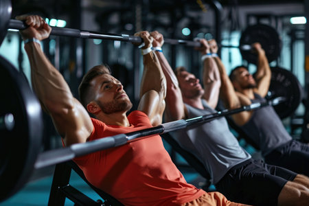 A group of men engaging in various workouts and exercises at a modern gym, A trio doing a bench press in synchronization at the gym, AI Generatedの素材