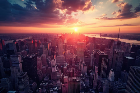 The sun casts a warm golden glow as it sets over a bustling city, illuminating towering skyscrapers and busy streets below, A sprawling metropolis at sunset viewed from above, AI Generatedの素材