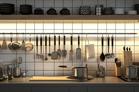 An organized kitchen showcasing a wide array of pots and pans neatly arranged on racks and countertops, A simplistic design of an empty restaurant kitchen, with neat rows of utensils, AI Generatedの素材