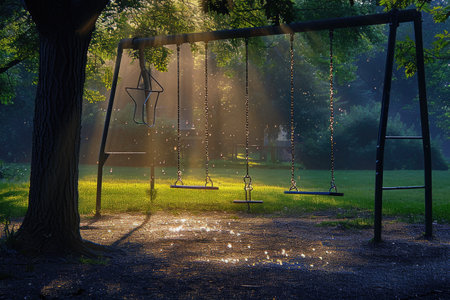 A vibrant swing set with multiple seats stands in the heart of a spacious park, A tranquil playground early in the morning, with dew on the swings, AI Generated