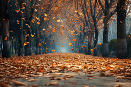 A road in the midst of autumn, completely covered with a thick layer of fallen leaves, A tree avenue filled with falling leaves in a peaceful park, AI Generatedの素材