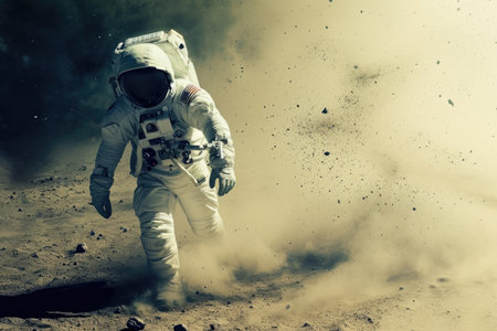 A man dressed in an astronaut suit takes a stroll on a barren dirt field, A thin trail of space dust left behind as an astronaut ventures forth in their spacesuit, AI Generatedの素材