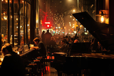 A diverse group of individuals sitting around a bar, engaged in lively conversations while enjoying their drinks, A smoky jazz bar in a busy city at night, AI Generatedの素材