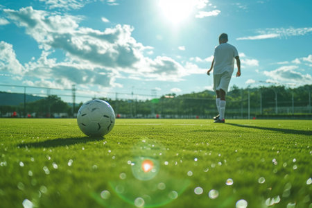 A man standing confidently on a vibrant green field, next to a soccer ball, A soccer player practicing drills in an empty field, AI Generatedの素材