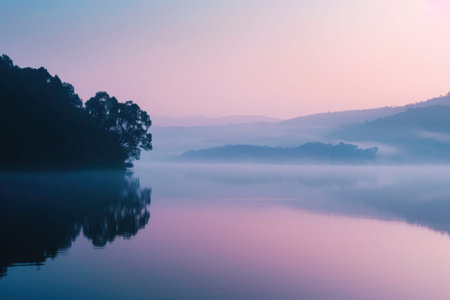 A large body of water glistening in the sunlight is framed by a lush forest, providing a tranquil and serene setting, A tranquil scenery with soft hues of dawn over a calm lake, AI Generatedの素材