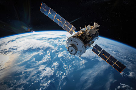 An image of a satellite orbiting the Earth in space, A satellite in space with Earth in the background, AI Generatedの素材