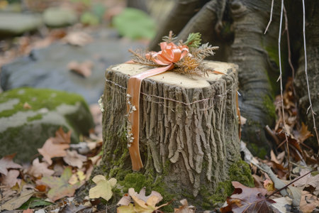 A tree stump with a pink ribbon tied securely around it, adding a touch of color to the natural surroundings, A rustic tree stump-shaped gift box for a woodland themed party, AI Generatedの素材