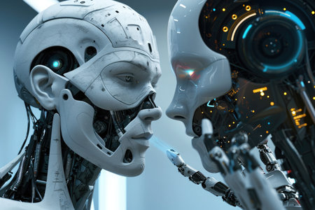 Two humanoid beings standing facing each other in a futuristic cityscape, with tall buildings and advanced technology in the background, A robot designing another robot, AI Generatedの素材