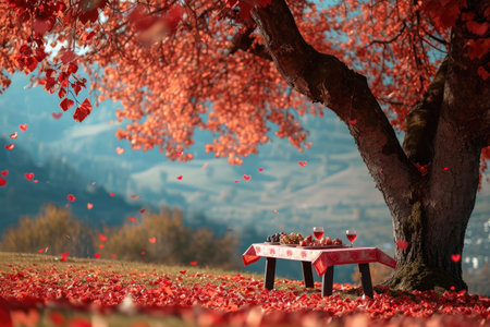 A picnic table sits beneath a tree with vibrant red leaves, providing a shaded spot for outdoor dining, A romantic picnic under a tree filled with heart-shaped leaves, AI Generatedの素材