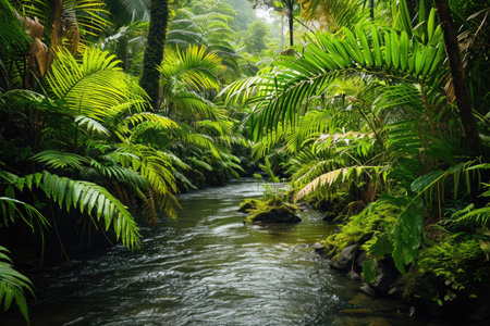 Serene Stream Flowing Through a Verdant Forest, A river twisting through the vibrant undergrowth of a rainforest, AI Generatedの素材