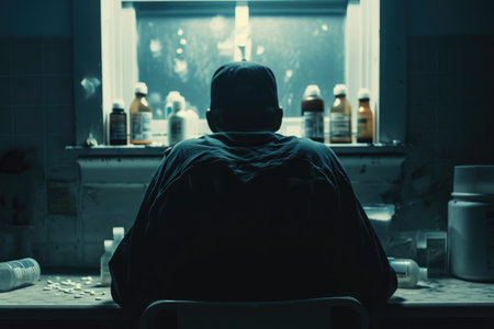 A person sitting in a chair in a dark room, surrounded by shadows illuminated by a soft light, A surreal portrayal of life under the shadow of opioid addiction, AI Generatedの素材