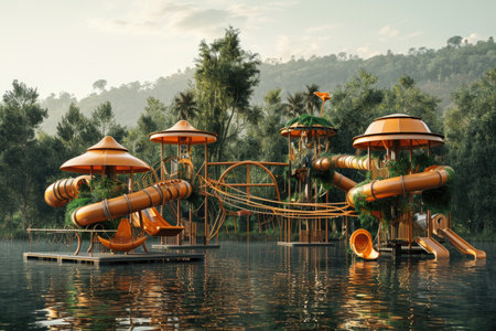 A Water Park With Multiple Water Slides, Tourists with flashlights near a yellow tent illuminated from the inside against the backdrop of an incredible starry sky, AI Generatedの素材