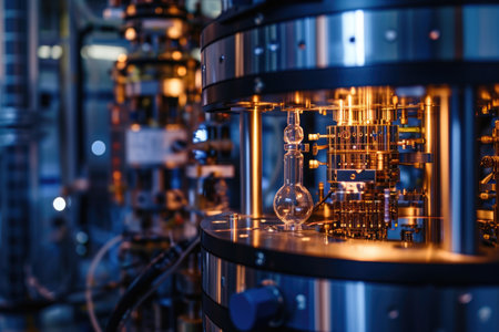 A detailed view of a mechanical device at work within the confines of a manufacturing plant, A quantum computer in a high-tech laboratory, AI Generatedの素材