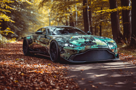 A green sports car is parked in the middle of a serene forest, surrounded by trees and foliage, A sports car with a jungle camouflage design, AI Generatedの素材