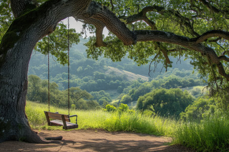 Wooden Swing Hanging From a Majestic Oak Tree, A rustic wooden swing hanging from a large oak tree overlooking a serene valley, AI Generatedの素材