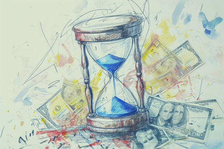 Detailed Drawing of an Hourglass With Currency Symbols, A sketch of an hourglass with currencies flowing, AI Generatedの素材