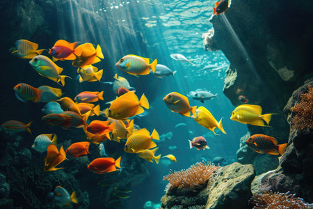 Vibrant Display of Colorful Fish in a Large Aquarium, A school of brightly colored tropical fish darting around an underwater canyon, AI Generatedの素材