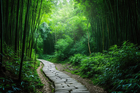 A stone walkway leads through a dense bamboo forest, offering a peaceful and scenic path, A path winding through a thick bamboo forest, AI Generatedの素材