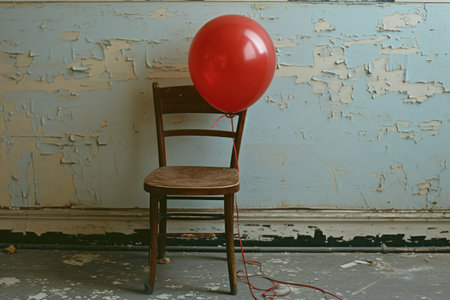 Red Balloon Resting on Wooden Chair, A single red balloon tied to a chair in a party setting, AI Generatedの素材