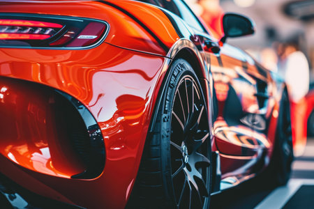 A detailed view of the backside of a vibrant red sports car, A sports car partaking in a car show event, AI Generatedの素材