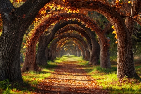 Rustic Pathway Surrounded by Tall Trees in a Forest, A picturesque scene of an oak tree tunnel in a breathtaking park, AI Generatedの素材