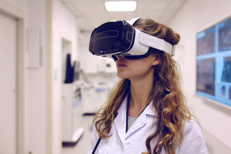 A woman wearing a white lab coat explores a virtual reality simulation using a headset in a science laboratory, A snapshot of virtual reality in healthcare, AI Generatedの素材