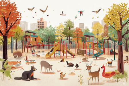 A colorful painting depicting a playground filled with various animals and birds, A playground being enjoyed by a variety of animals, AI Generatedの素材