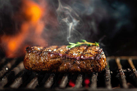 A perfectly cooked steak sizzling on a grill, emitting flavorful smoke as it sears, A sizzling steak on a barbecue grill with a smoky background, AI Generatedの素材