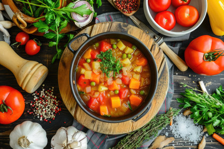 A close-up view of a pot filled with freshly cooked vegetable soup placed on a wooden cutting board, A piping hot vegetable soup in an eco-friendly container, AI Generatedの素材