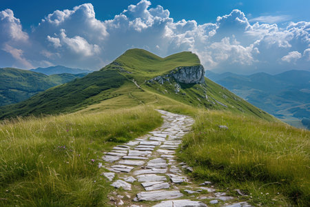 Serpentine Path Ascending Grassy Hill With Majestic Mountain Range in Background, A pathway leading to a heart-shaped mountain in the distance, AI Generatedの素材