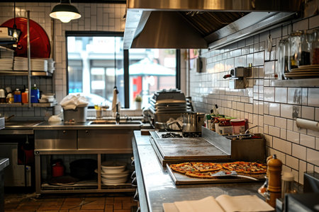 A kitchen counter with a freshly baked pizza on a pan, ready to be enjoyed, A pizza restaurant kitchen space without any chefs for cooking, AI Generatedの素材