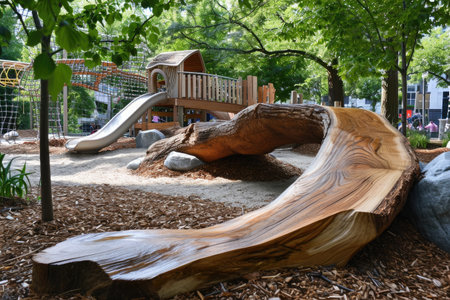 A wooden playground featuring a slide and play area for children to have active fun outdoors, A playground designed with sustainability and recycled materials, AI Generatedの素材