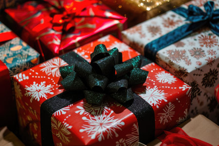 A collection of various size and shape wrapped presents placed side by side, showcasing a colorful display of gifts, Bunch of Christmas presents wrapped with decorative paper and bows, AI Generatedの素材