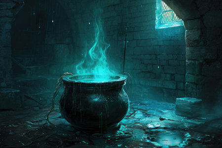 A dimly lit room showcasing a substantial pot filled with vigorously boiling water, Bubbling witches' cauldron in a gloomy dungeon, AI Generatedの素材