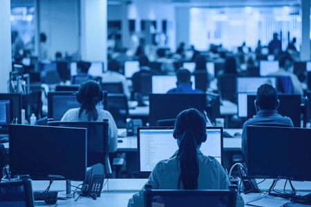 A diverse group of professionals focused and working on computers in a contemporary office setting, Busy call center office with rows of desks and computers, AI Generatedの素材