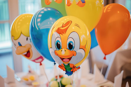 A collection of vibrant balloons arranged neatly on a table, creating a bright and festive atmosphere, Cartoon character printed balloons at a children's party, AI Generatedの素材