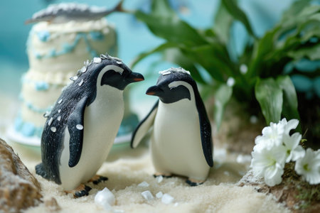 A pair of Emperor penguins standing closely together on a snowy patch of ice, Charming penguin family celebration with a fish cake, AI Generatedの素材