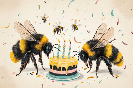 Two bees are using their wings to extinguish the candles on a colorful birthday cake, Charming drawn bumblebees celebrating a buzzing birthday, AI Generatedの素材