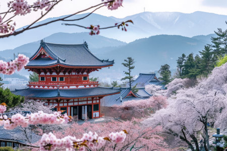 A pagoda stands amidst a picturesque mountainous landscape, enveloped by the delicate blossoms of cherry trees, Cherry blossom trees surrounding an ancient Japanese temple, AI Generatedの素材