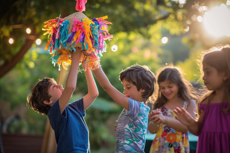 A diverse group of energetic young children standing closely together, smiling and posing for a photo in a park, Children enjoying a piÃÂ±ata at an outdoor summer party, AI Generatedの素材