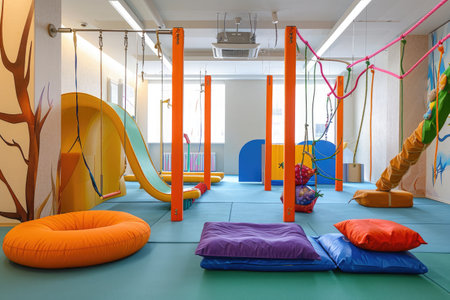 A vibrant play area featuring swings, slides, and bean bags designed for active play and fun, ChildrenÃ¢â¬â¢s gym with apparatus for playful exercise, AI Generatedの素材