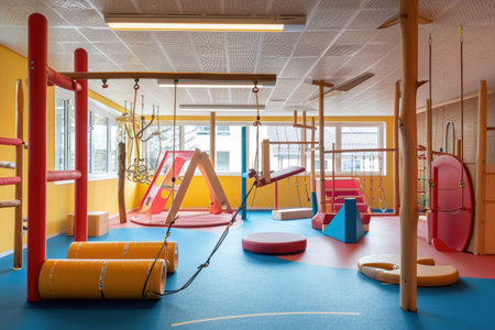 A vibrant play area filled with swings and slides, where children are having fun and playing joyfully, ChildrenÃ¢â¬â¢s gym with apparatus for playful exercise, AI Generatedの素材