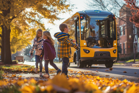 A group of children walking down a paved sidewalk alongside a parked bus, Children playing near a self-driving electric school bus, AI Generatedの素材