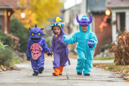 Three children, dressed in various costumes, walk down a busy urban street, surrounded by buildings and pedestrians, Children trick-or-treating in adorable monster costumes, AI Generatedの素材