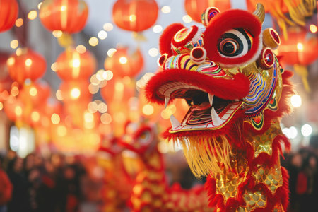 A vibrant Chinese dragon dance taking place amidst a backdrop of red lanterns, Chinese New Year celebration with dragon dances and lanterns, AI Generatedの素材