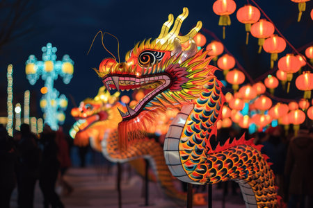A group of individuals standing together, admiring a row of vibrant dragon lanterns, Chinese New Year celebration with dragon dances and lanterns, AI Generatedの素材