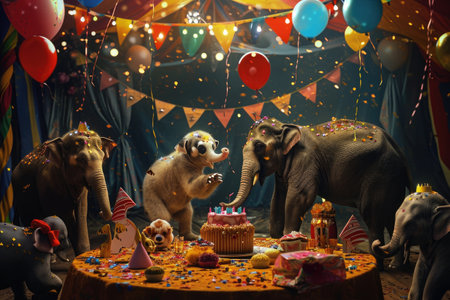 A group of elephants all standing around a table, celebrating with a cake, Circus animals preparing for a grand birthday celebration, AI Generatedの素材